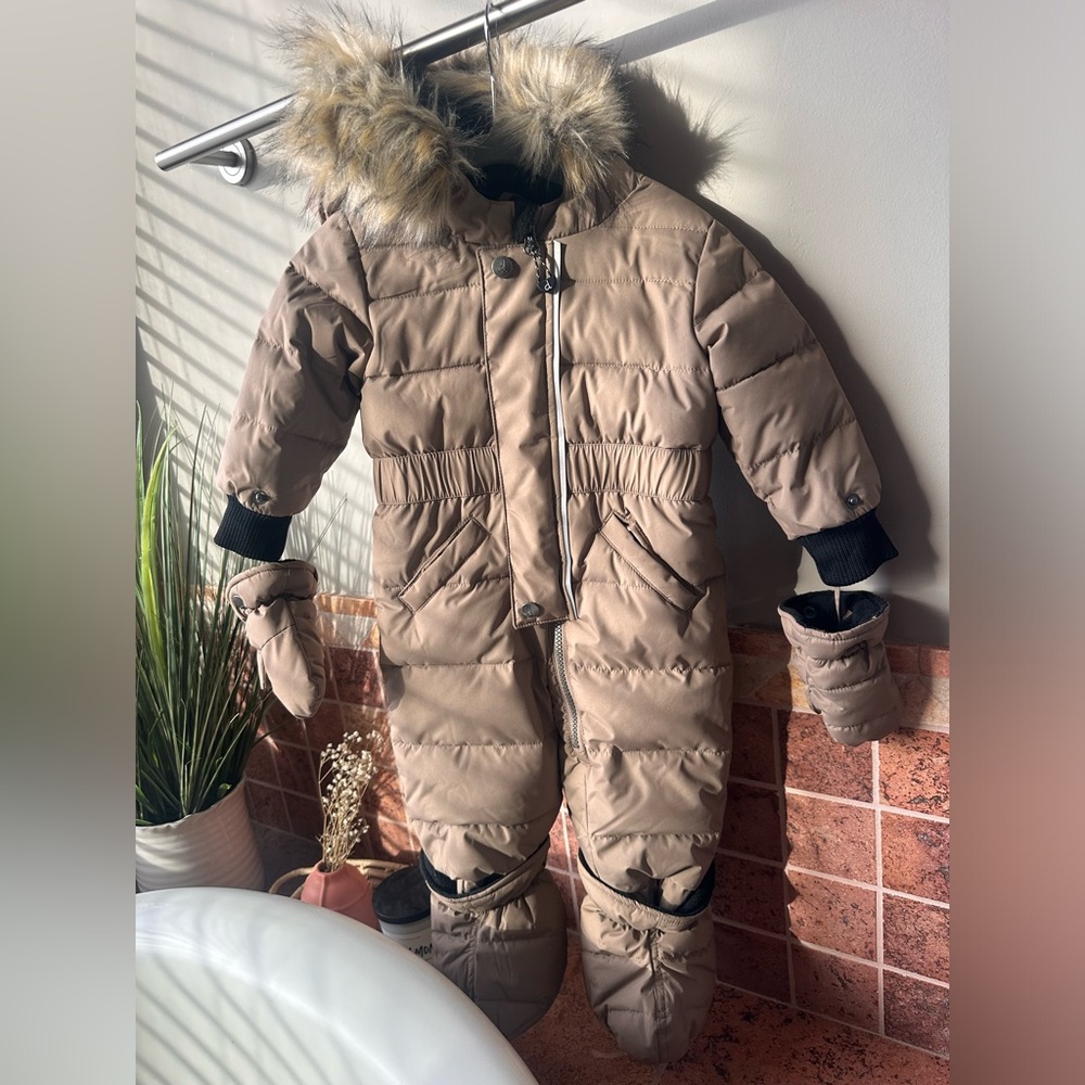 deux par deux Beige Puffer One-Piece Snowsuit with Faux Fur Hood